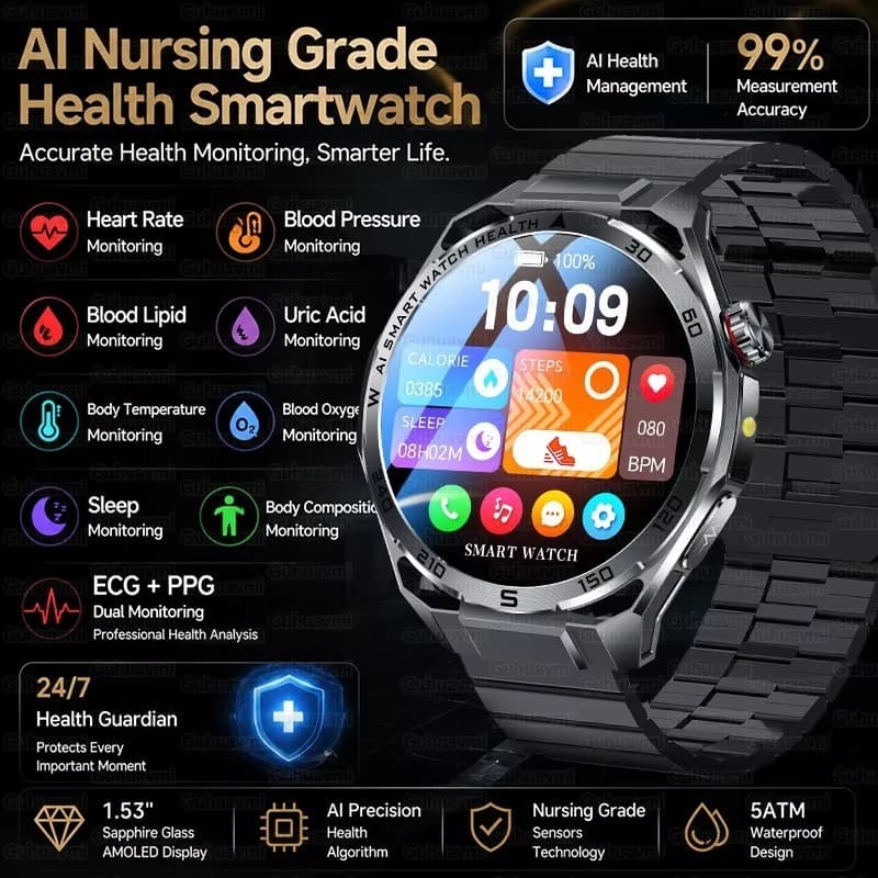 Novo Cuidados De Saúde ECG Smartwatch Relógio Inteligente Preciso Pressão Arterial Monitor Freqüência Cardíaca Bluetooth