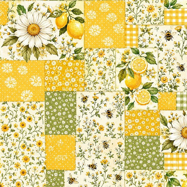 Tecido Tricoline Digital Estampado Patchwork Margaridas e Limões Costura Mesa Pano Algodão