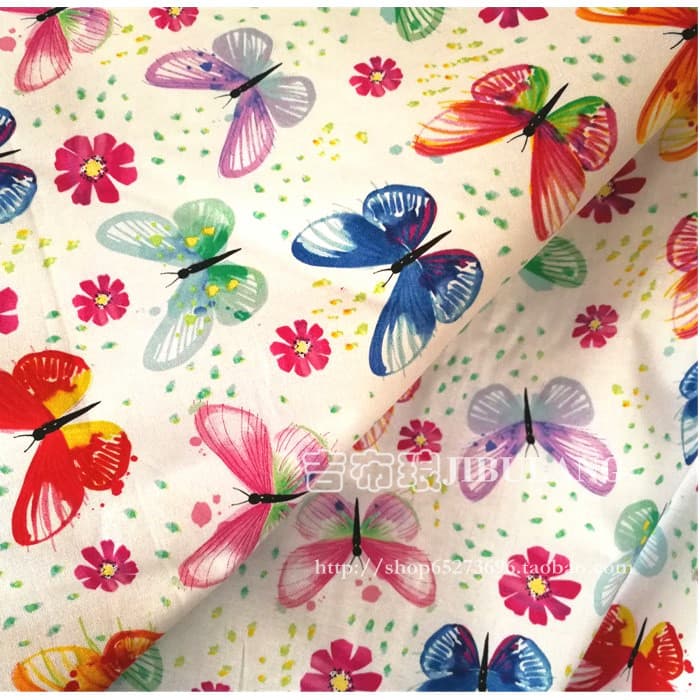 Fundo branco doce borboleta colorida/comércio exterior tecido liso algodão puro/vestido/tecido Patchwork DIY/largura 110