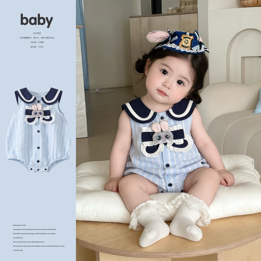 Bebê roupas de bebê menina gola marinha coelho policial verão fino sem mangas macacão Super bonito moda Outing roupas