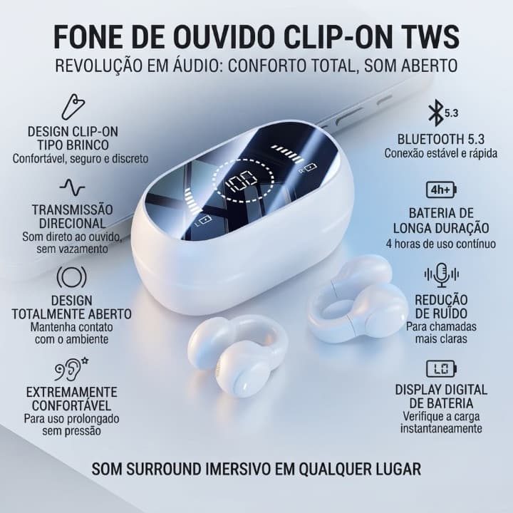 Fone de Ouvido TWS com Condução óssea Sem fio Bluetooth 5.3 Clip-on Display digital redução de ruído Verdadeira 