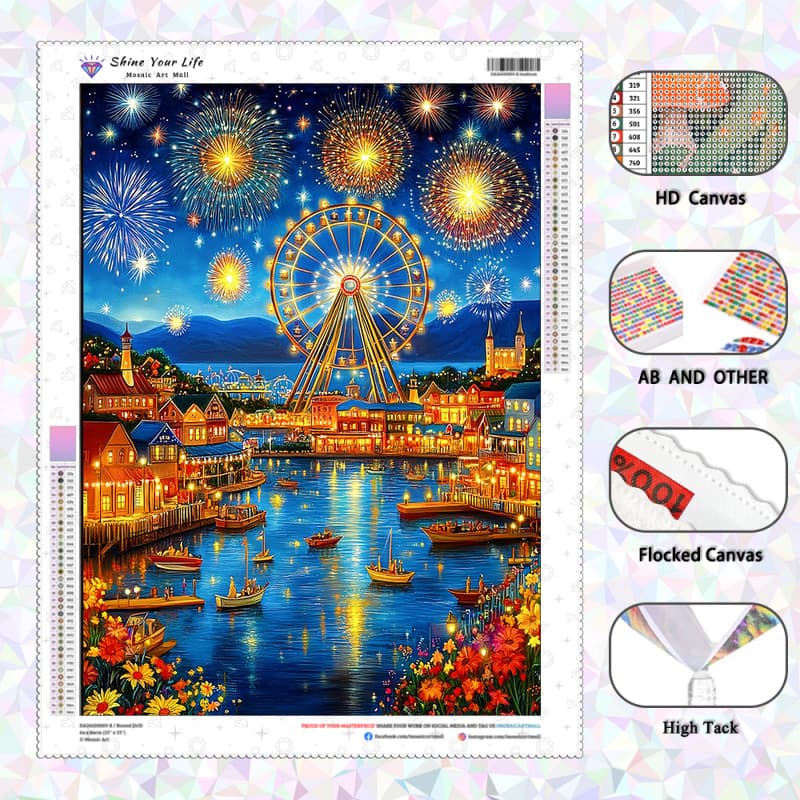[PL Diamantes AB Atualizados + Tecido Flocado] Fogos De Artifício Roda Gigante Pintura De Diamante 5D DIY Artesanato Mos