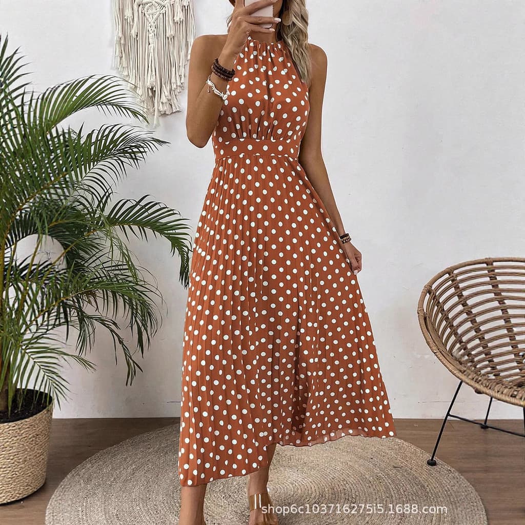 Vestido longo com estampa de bolinhas e decote redondo, modelo feminino; vestido longo com estampa de bolinhas e decote 