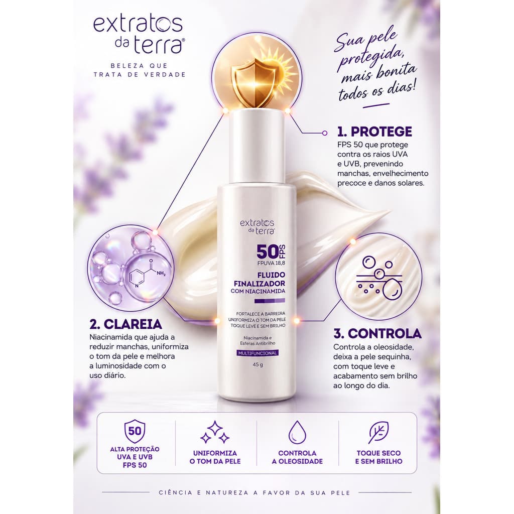 Protetor Fluido Niacinamida Clareador Anti Brilho FPS 50 Extratos da Terra Protetor Facial Toque Seco