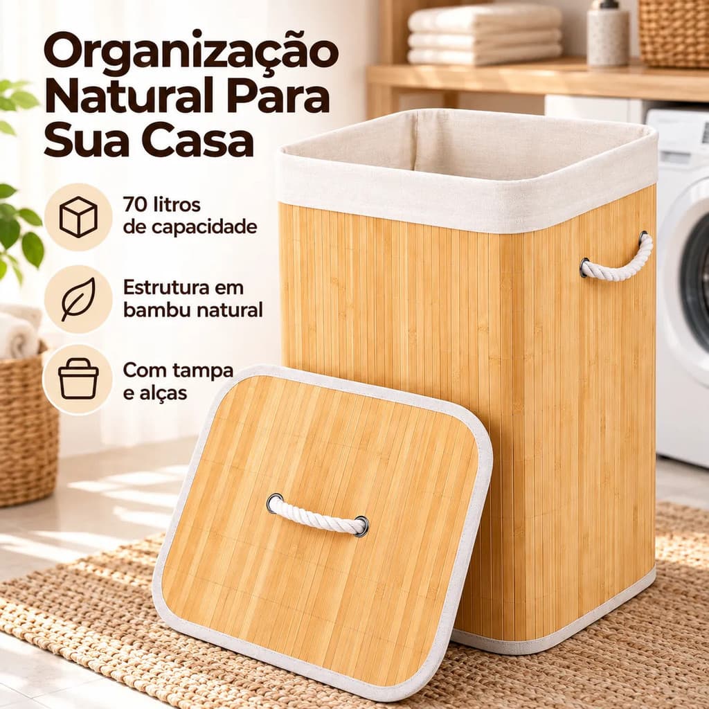 Cesto Organizador de Bambu 70 Litros com Tampa e Alças para Roupa Suja Lavanderia Quarto Banheiro Área de Serviço