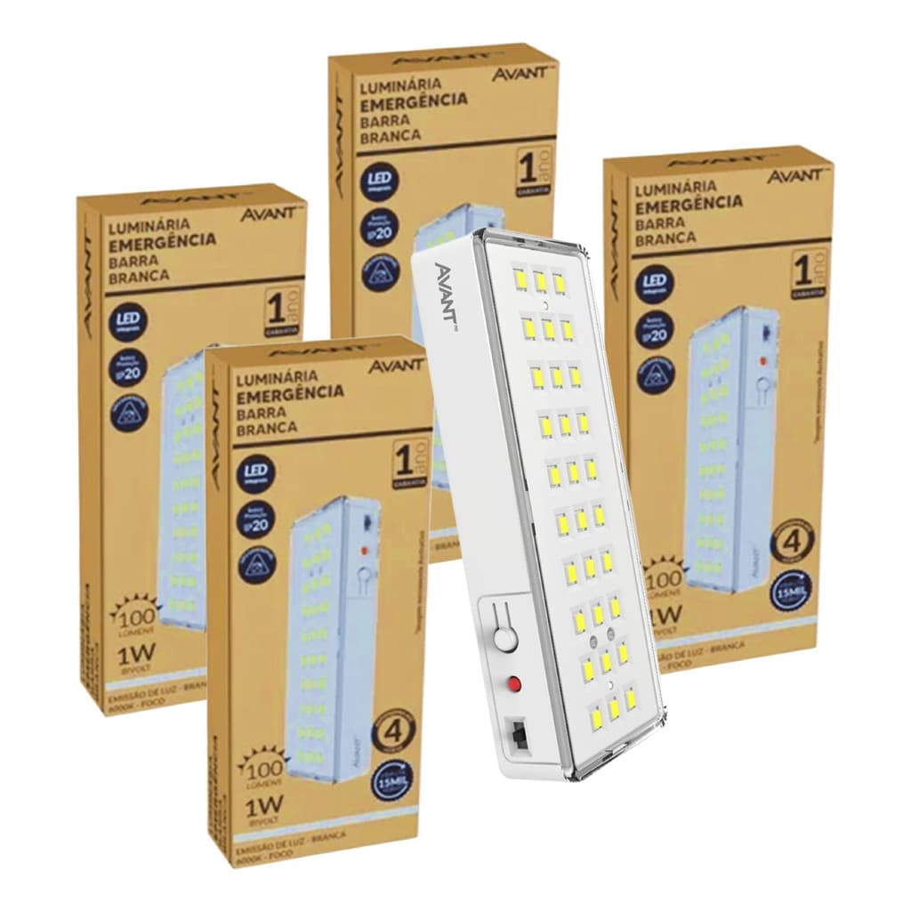 Kit 4x Luminária Emergência Led Barra 1w Avant 30 Leds