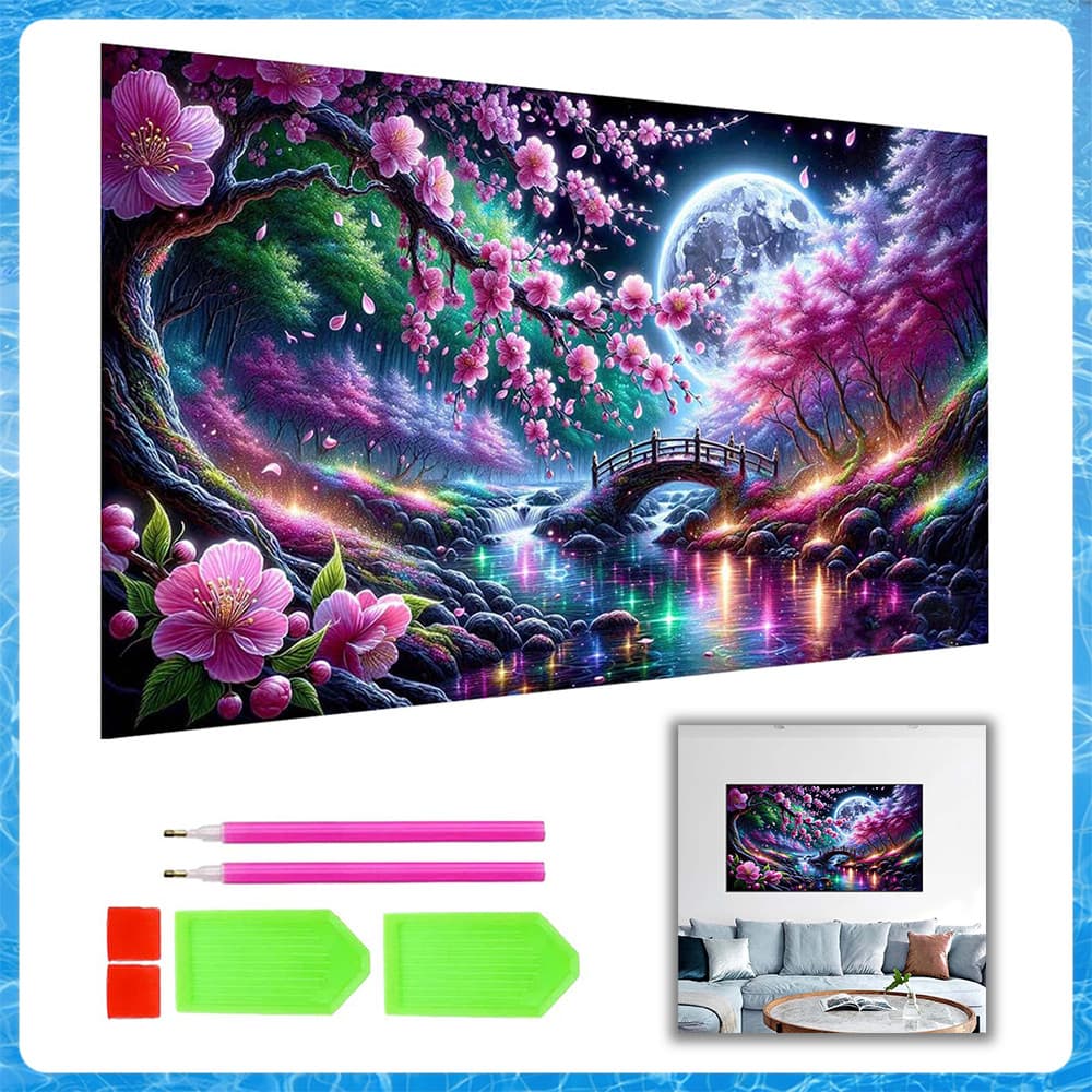 Pintura de Diamante 5D Lua Noite Sakurabashi 70x40cm – Arte Terapêutica, Melhora Concentração, Alivia Ansiedade