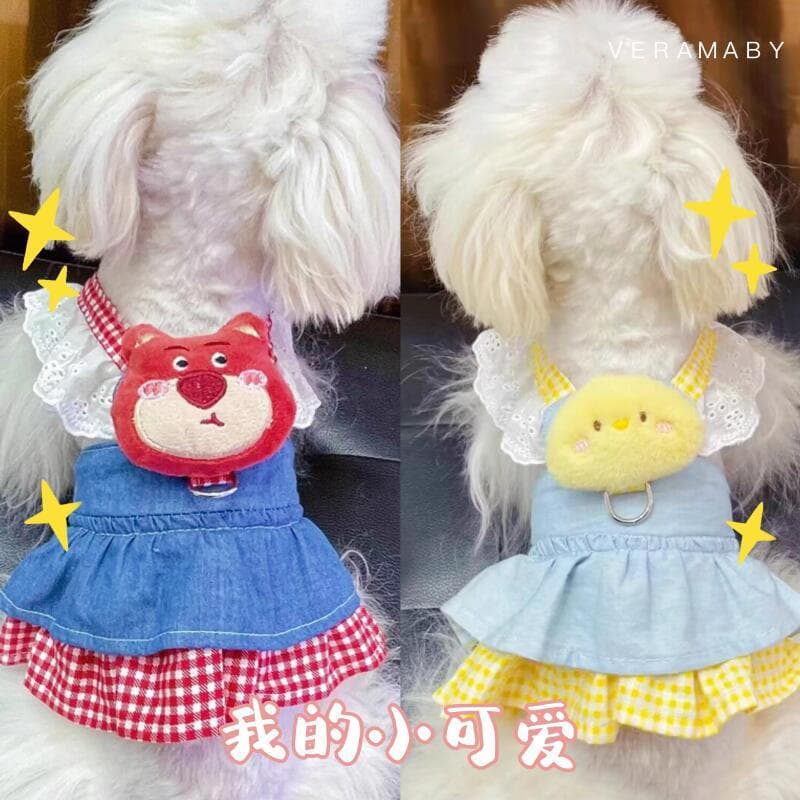 Conjunto de Coleira e Guia para Cães e Filhotes Fofos, Rosa e Amarelo, com Saia de Jeans, Vestidos para Pets, Coleira pa
