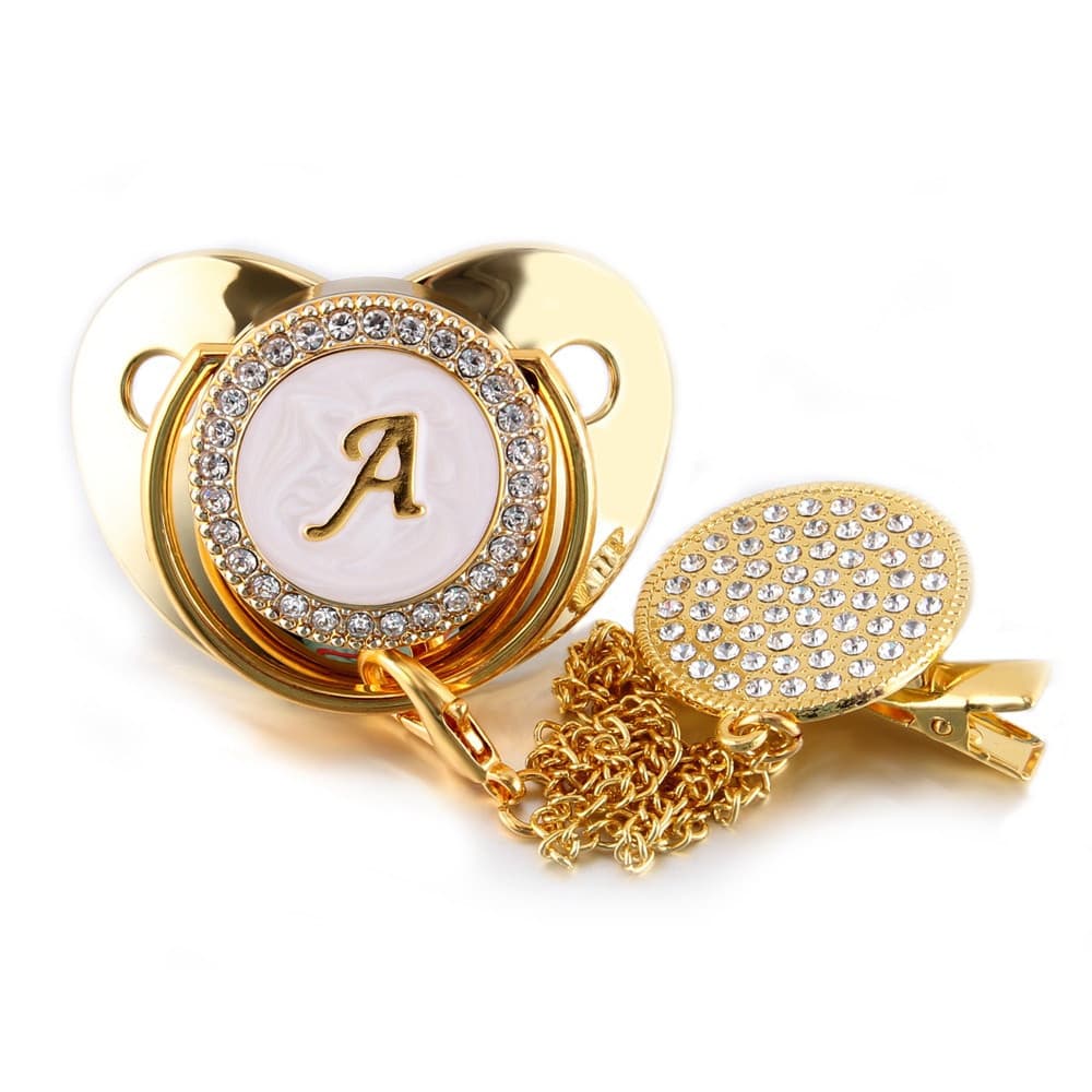 26 Nome Letra Inicial Do Bebê Chupeta E Chupeta Clipes Livre De Bpa Silicone Infantil Mamilo Bling Do Ouro Newborn ULRE