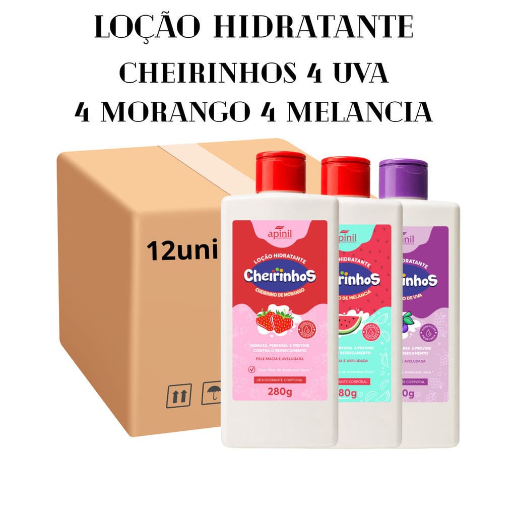 kit 12 Loção Hidratante Corporal Cheirinhos Cheirinhos 4 uva 
4 morango 4 melancia 280g Hidratação Profunda - Apinil