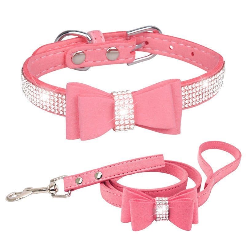 Coleira para animais de estimação com laço e strass brilhantes, coleira para gato com guia, coleira pequena para cão em 