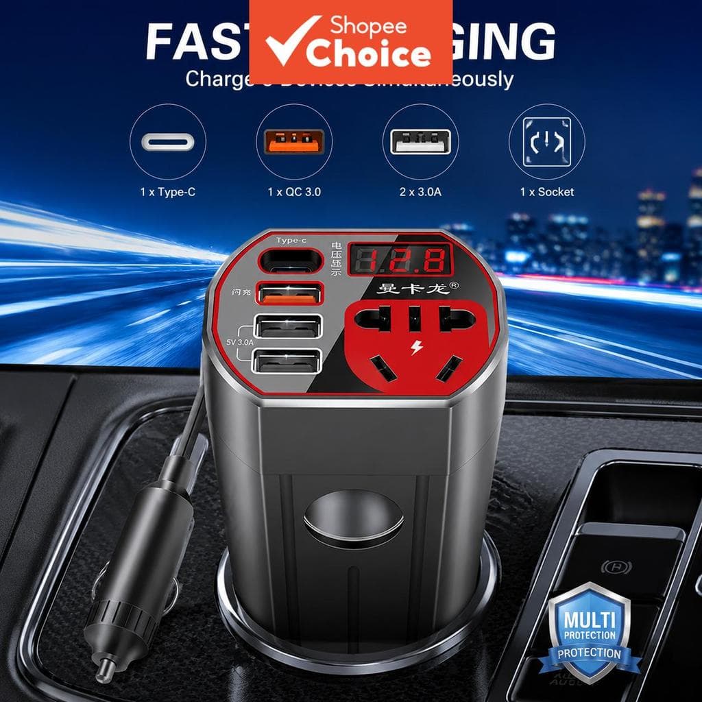 Inversor De Energia Para Carro 120w 12v 24v A 220v USB Tipo-c Conversor Multiportas De Carregamento Rápido