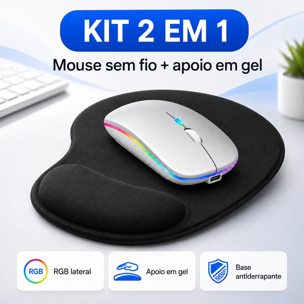 Kit Mouse Sem Fio Bluetooth Recarregável RGB + Mousepad Ergonômico com Apoio em Gel