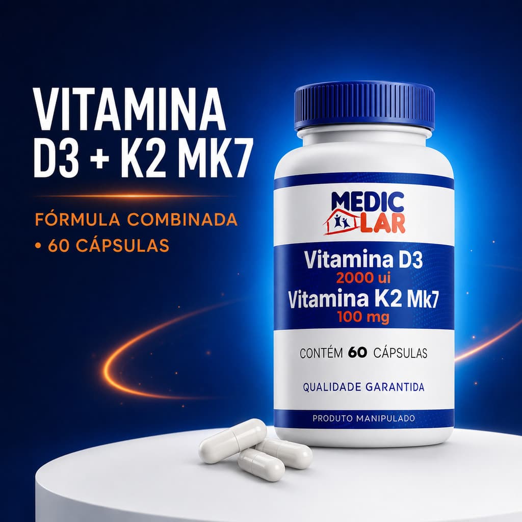 Suplemento Vitamina D3 2000ui com Vitaminas  K2 MK7 - 60 ou 120 cápsulas - Envio Imediato