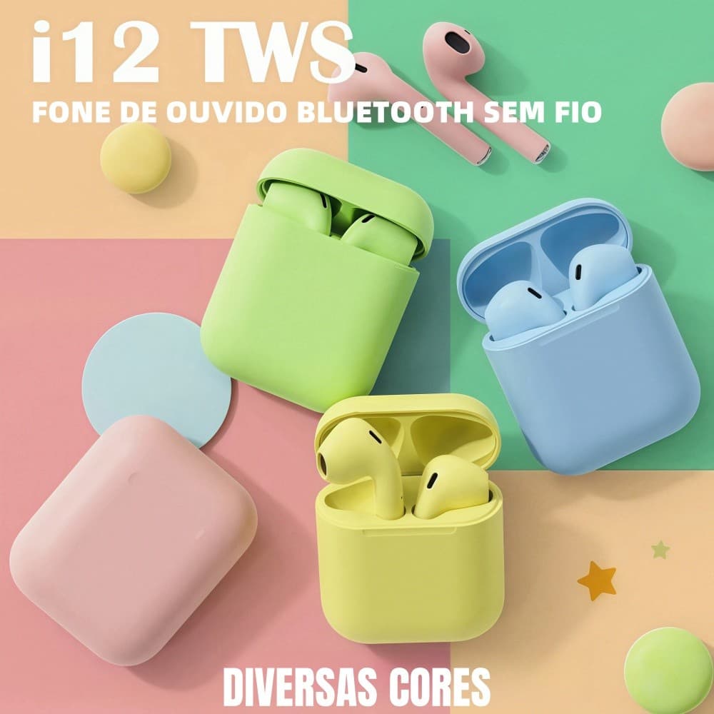 Fone i12 TWS Bluetooth em Cores Macaron, Com Microfone sem Fio, Perfeito para Jogos e Esportes.