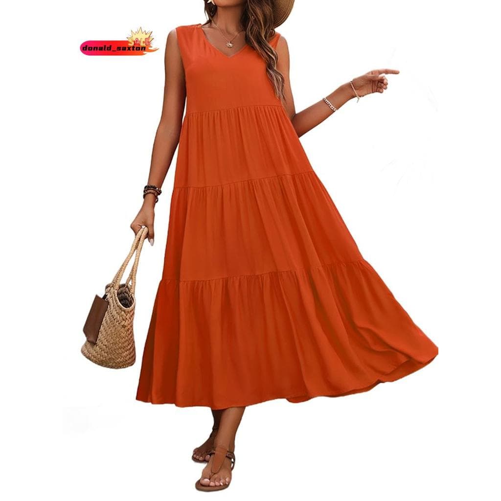 [Fast speed D] Vestidos Femininos De Verão Sem Mangas Maxi Vestido Com Decote Em V Casual Fluido Camadas