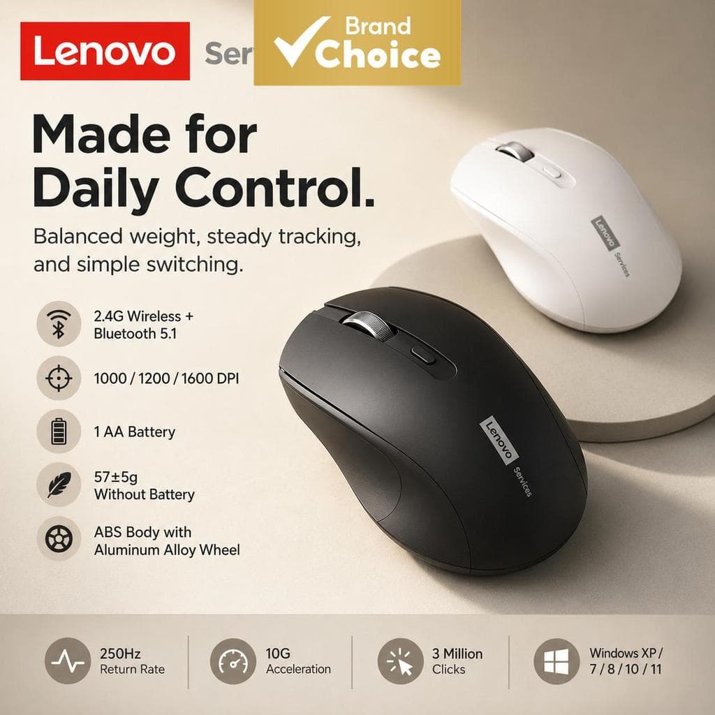 Mouse Lenovo N220, Mouse sem Fio Dual Mode com Bluetooth 5.1 e 2.4G para notebook e desktop