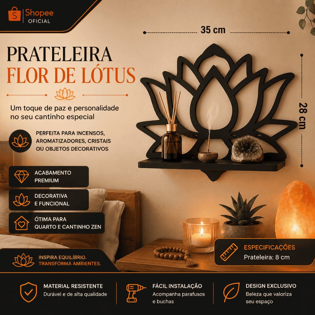 Prateleira de Parede Canto Flor de Lótus MDF Preto  | Suporte para Plantas Velas Decoração Sala