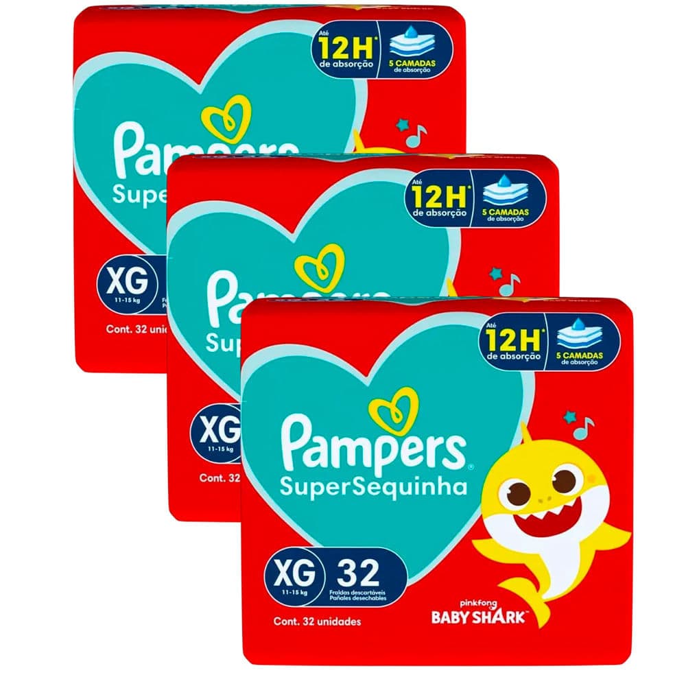 Kit 3 Fraldas Descartáveis Pampers Supersequinha Mega XG - 96 Tiras