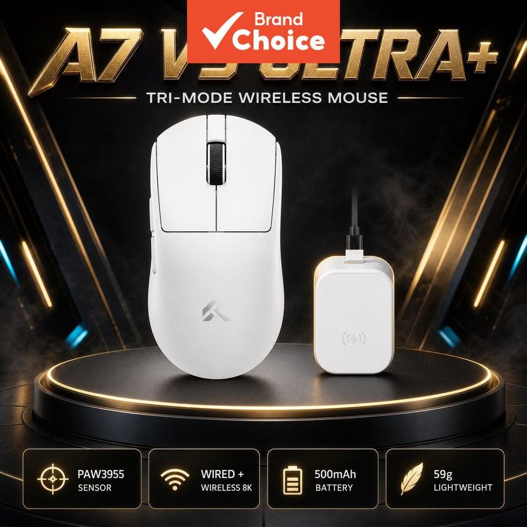 MCHOSE A7V3Ultra+ Mouse Gamer Ultraleve 3 Modos de Conexão Taxa de Polling 8K Com Fio e Sem Fio 50000 DPI Máximo Chip