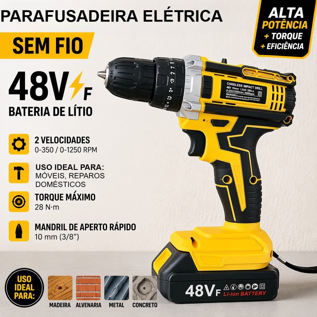 Furadeira Parafusadeira Sem Fio 48VF Íon-Lítio, Torque Ajustável, Duas Velocidades, Kit com Bateria e Carregador