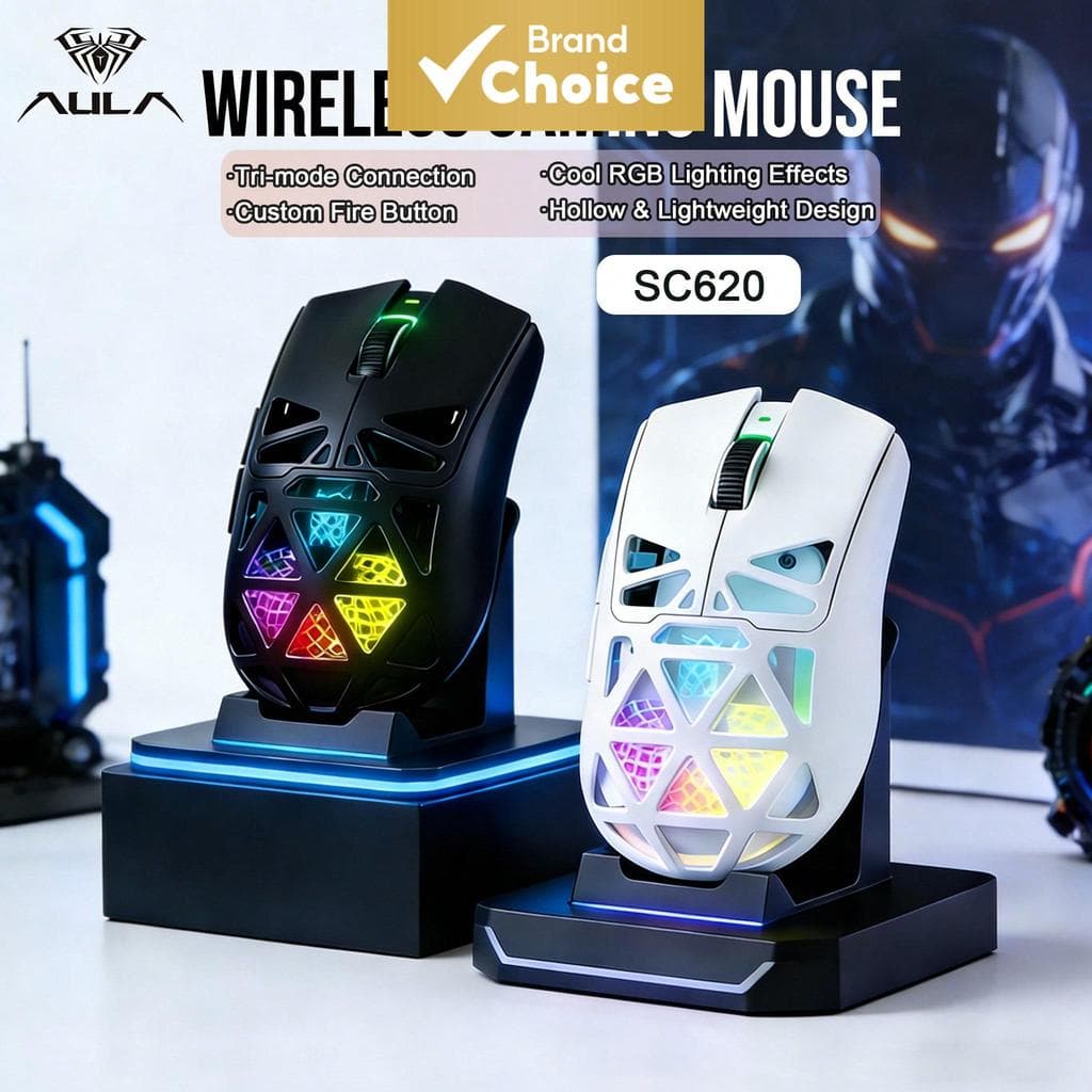 Mouse Sem Fio Tri-Modo AULA SC620, Bluetooth, Leve, Design Oco, Recarregável, 12000 DPI, Botão de Fogo PAW3311,