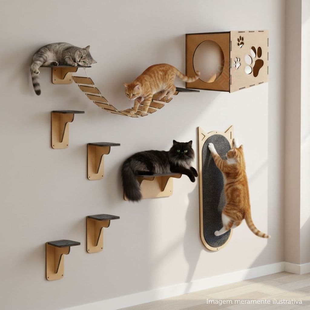 Kit Playground Para Gatos Parede Casinha Pet Suspensa Nicho Ponte Prateleira Ambiente Para Conforto