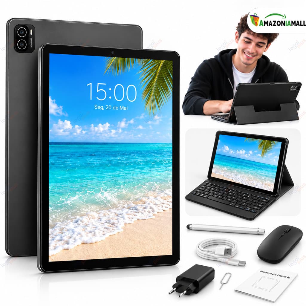 Tablet PC HD Android 2 em 1 de 10.1 polegadas, com teclado Bluetooth e capa protetora, tablet WiFi de tela grande
