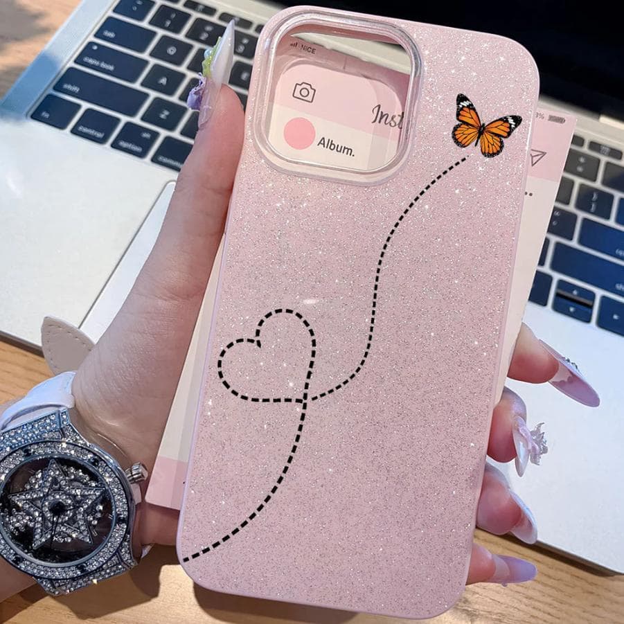 Capinha Para iPhone 18 17 Air 16 15 14 Plus 13 12 11 Pro Max  Capa de celular rosa glitter com coração tracejado