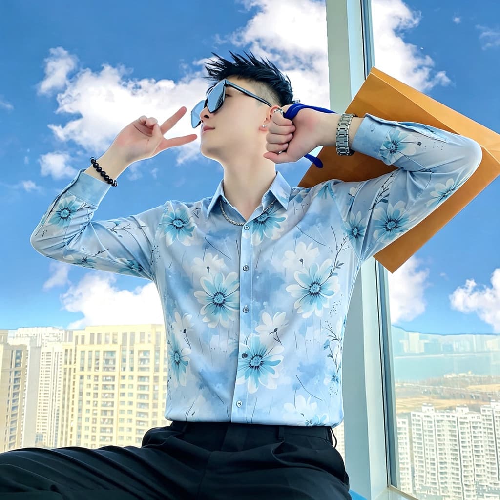 XS Tamanho Pequeno Plus Tamanho Pequeno Slim-fit Camisa Floral Social Guy Masculino Casual Camisa de Lapela de Manga Com