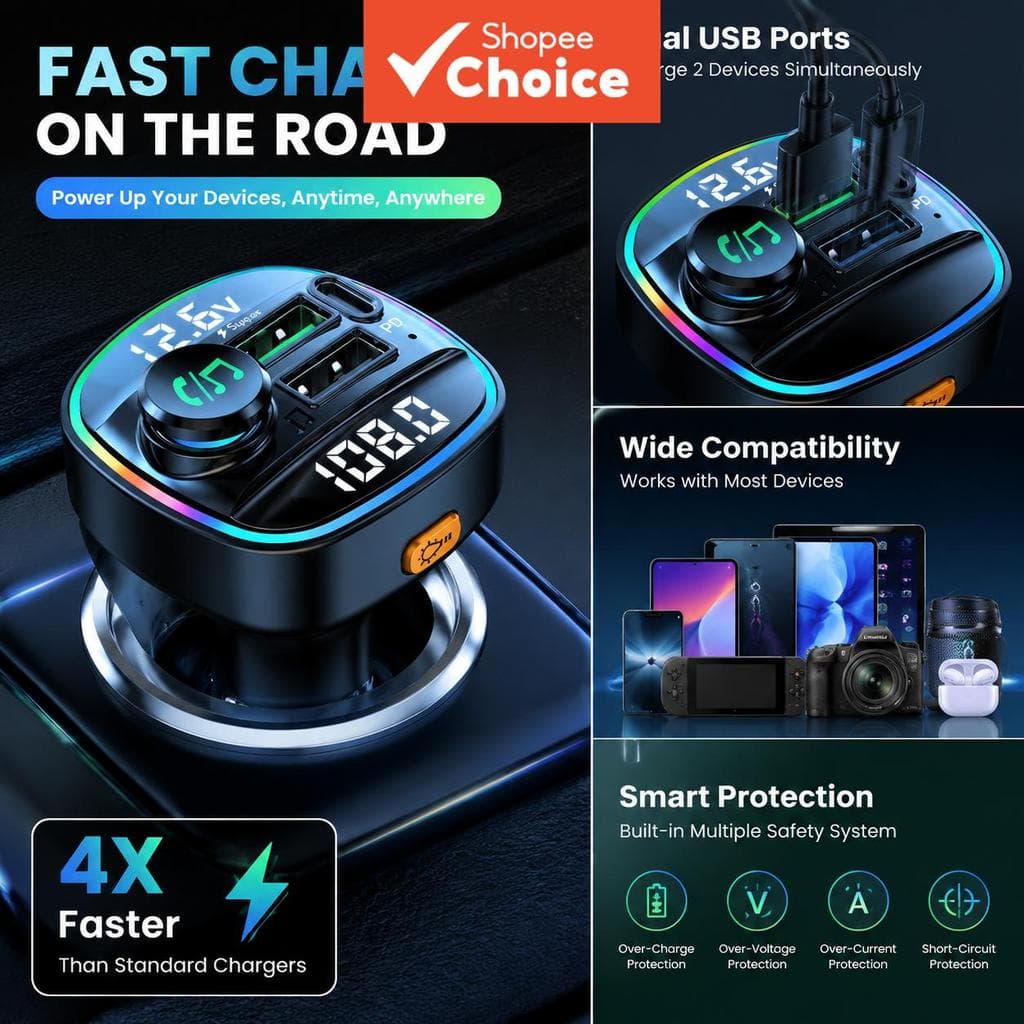 Transmissor Bluetooth 5.3 FM, MP3 Player Automotivo Mãos-Livres & Carregador Veicular Super Rápido 22,5W