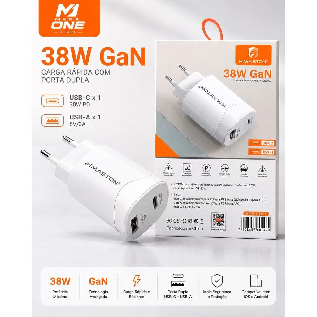 LR-11 Carregador 38w PD20W QC3.0 Fonte Tomada Rápida Carregar Celular Portátil Usb e Tipo-c