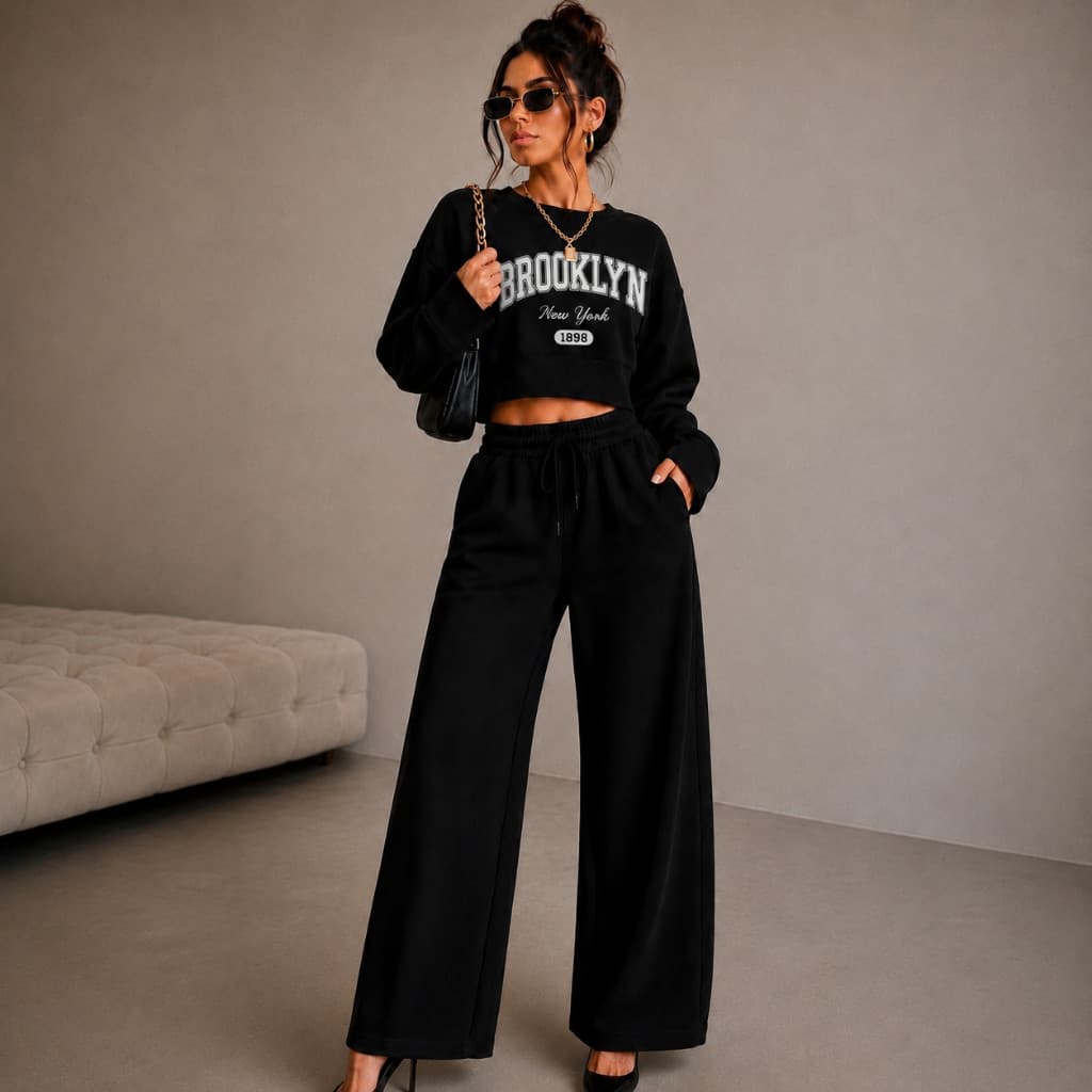 Conjunto Feminino Calça Wide Leg e Cropped Moletom Brooklyn Manga Longa Casual Tendência Fashion