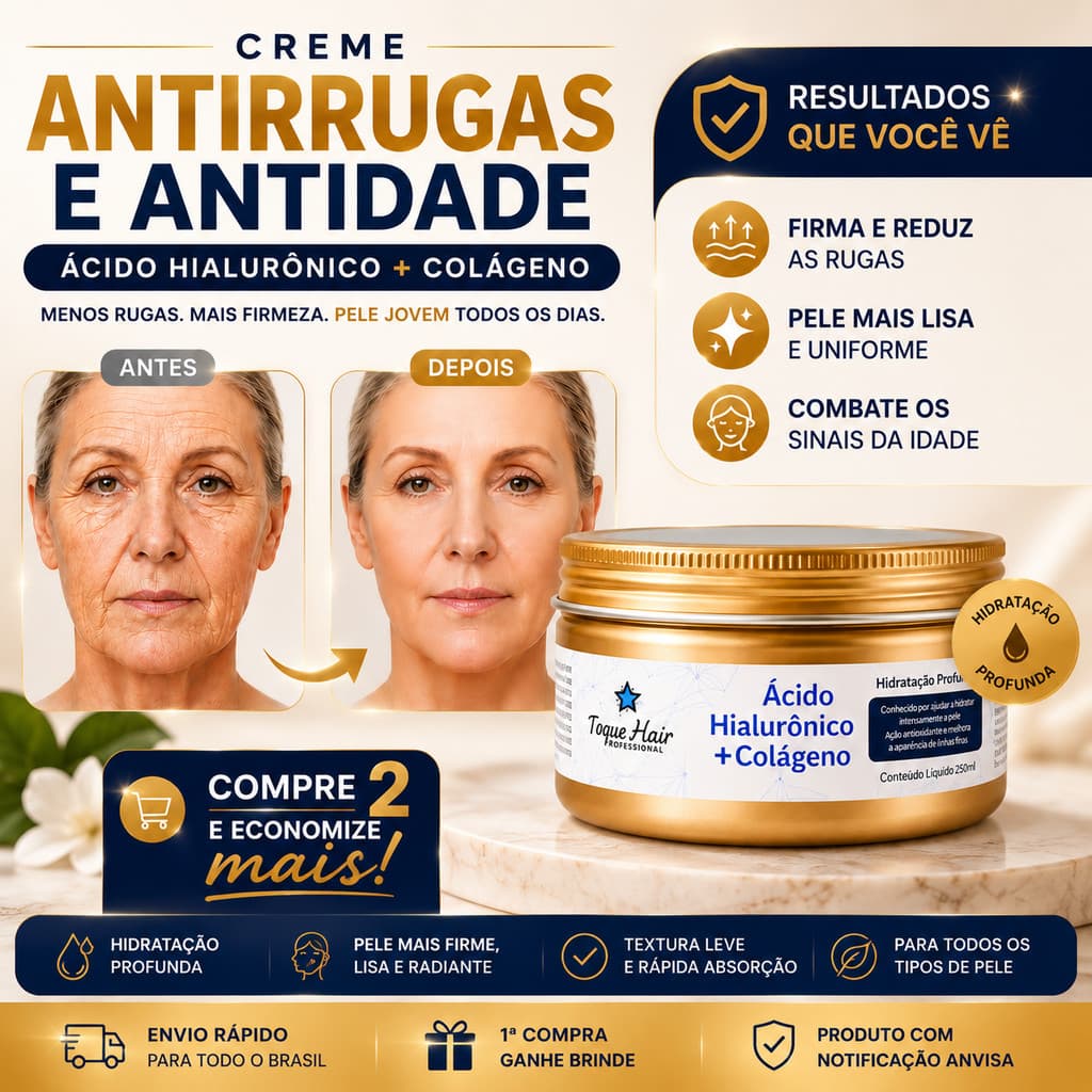 Kit com 2 Cremes Anti-Idade de Ácido Hialurônico + Colágeno para uma Pele Mais Lisa, Firme e Hidratada.