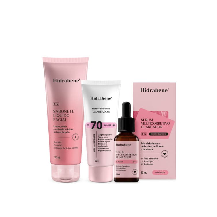 Kit Clareador Facial - Sabonete Líquido + Protetor Solar Clareador 70 FPS + Sérum Multicorretivo Clareador