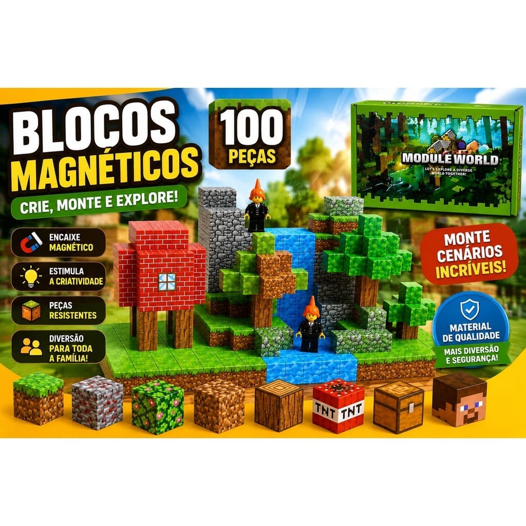 Blocos Magnéticos Infantil 100 Peças Kit Construção Criativa Cenário Modular Brinquedo Educativo