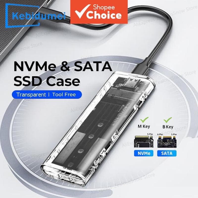 Caixa externa transparente de SSD M.2 NVMe PCIe Protocol NGFF SATA, conector USB Tipo C 5/10 Gbps, PCI-E M.2 SSD
