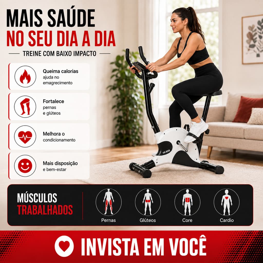 Bicicleta de Exercício Indoor HR-8008 Ergométrica Residencial com Painel Digital Pedais Cintas e Ajuste de Intensidade