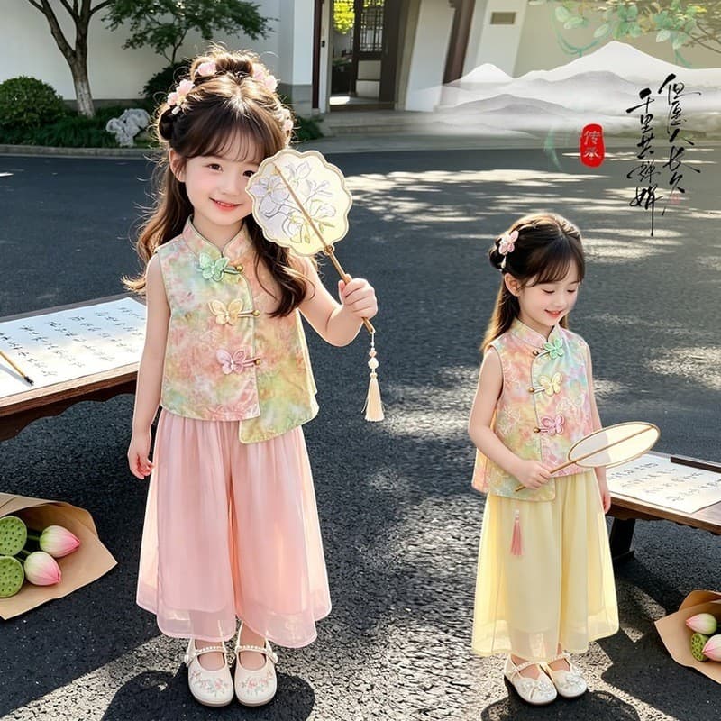 Pronto estoque Terno estilo nacional para meninas verão 2026 Novo estilo menina novo estilo chinês roupas menina bebê ro