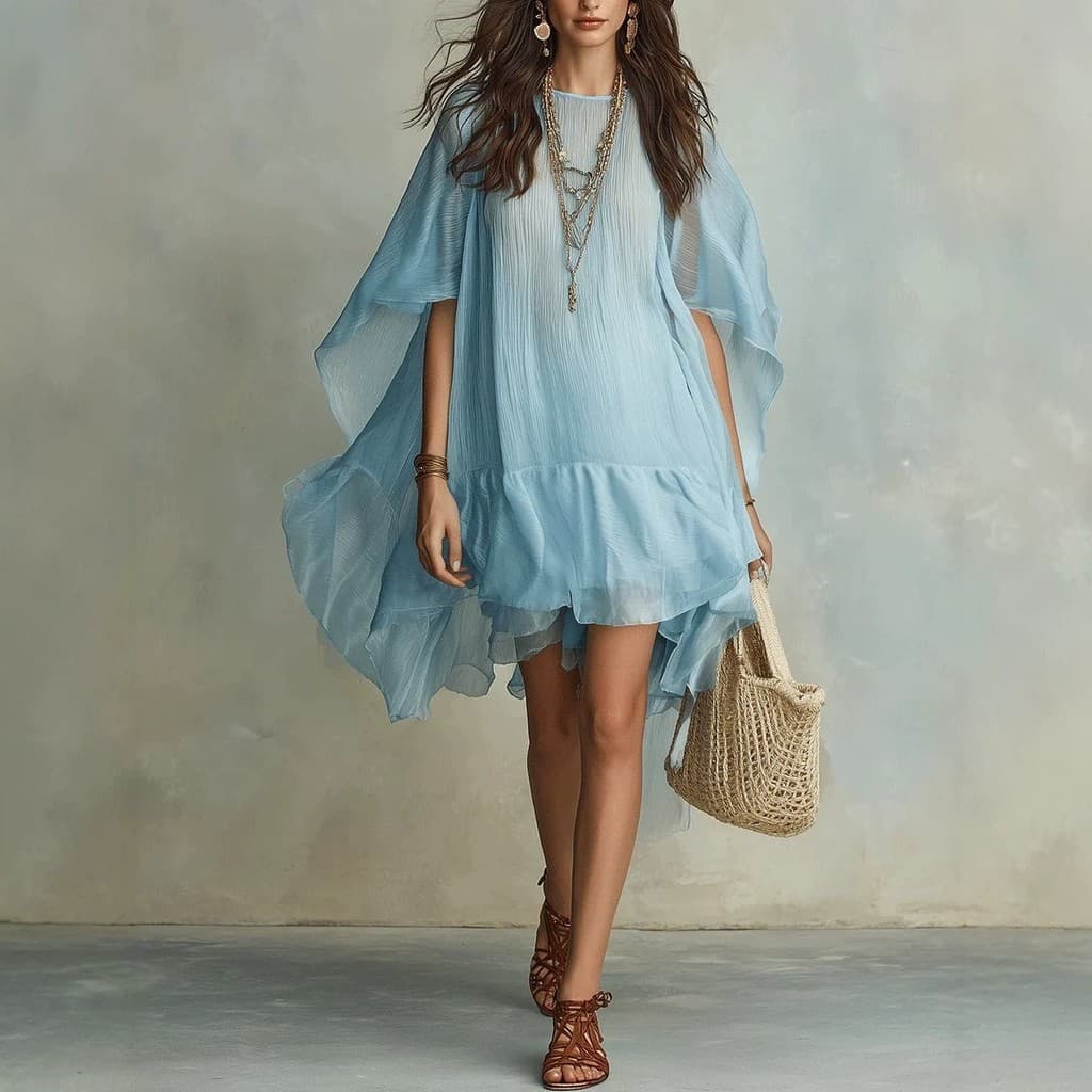Vestido feminino boêmio de chiffon com babados irregulares, vestido leve para férias.
