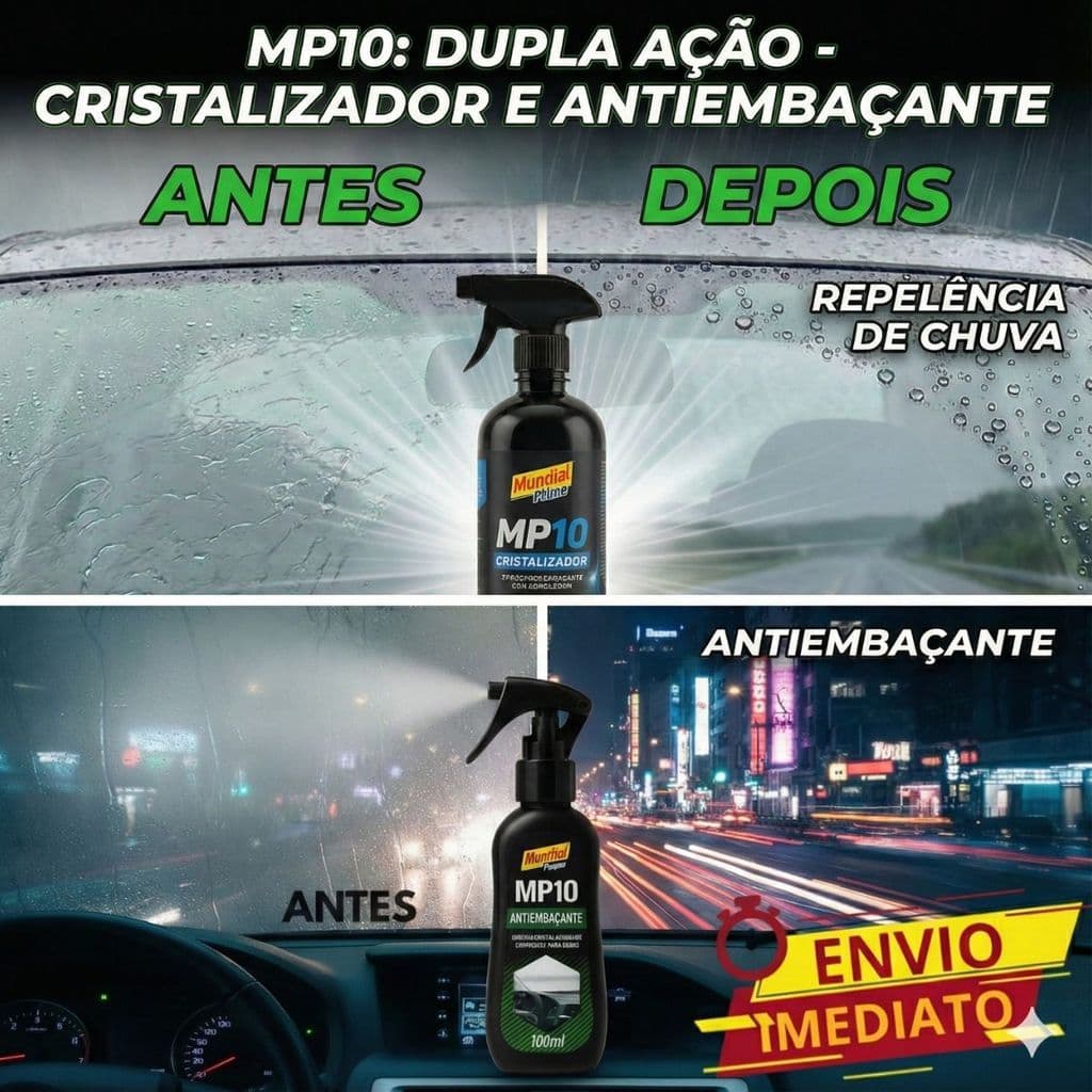 Kit Cristalizador Vidro Automotivo Repelente de Chuva + Antiembaçante Para-brisa Retrovisor Carro MP10