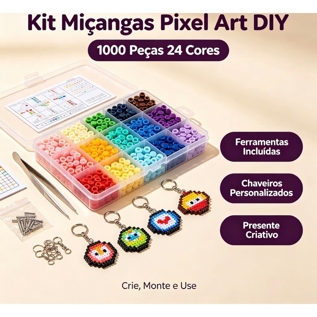 Kit Miçangas para Pixel Art DIY 1000 Peças 24 Cores Kit Completo com Ferramentas e Acessórios para Chaveiros Artesanais 