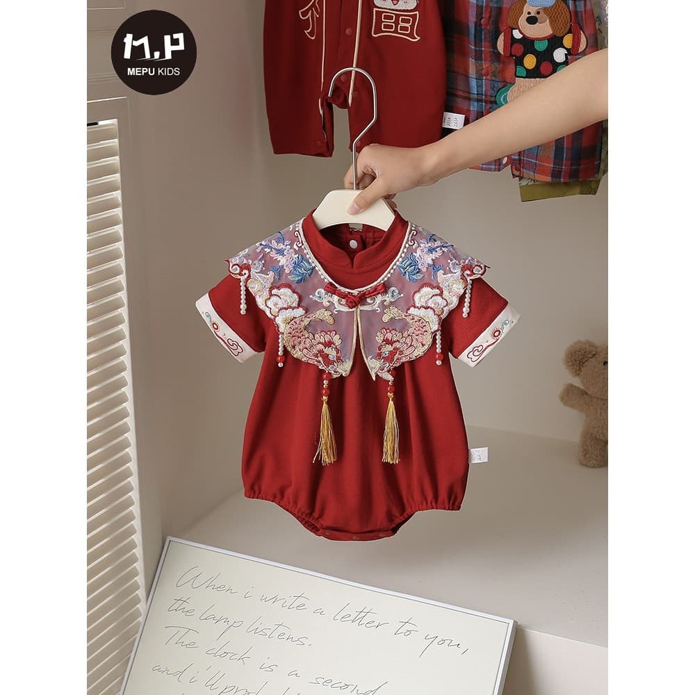 Novo estilo chinês bebê menina roupas de verão festivo roupas de bebê roupas de bebê verão mês cheio cem dias um ano de 