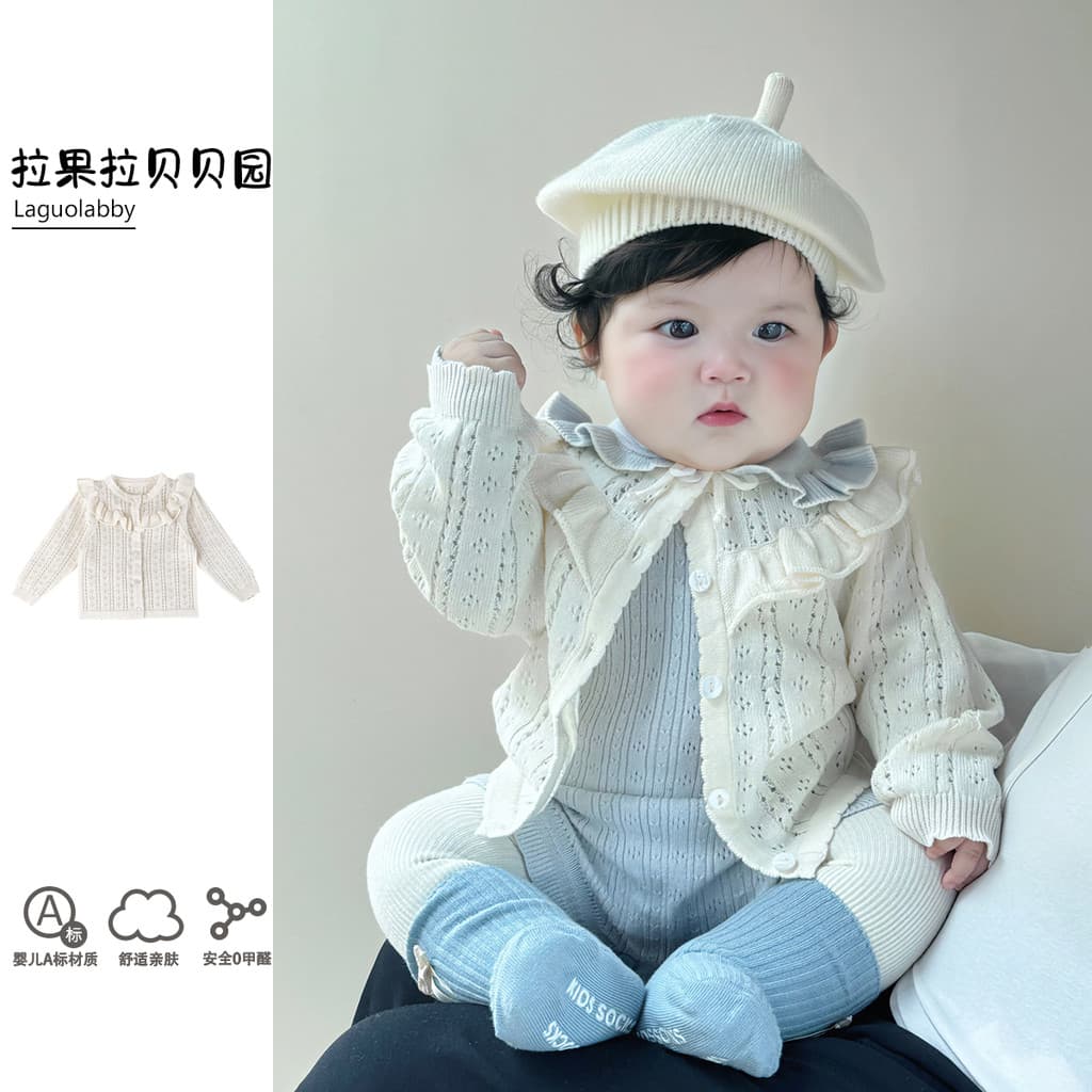 Bebê bebê início do outono roupas bebê menina fio de algodão malha Cardigan luz azul nádegas terno bebê Outing roupas
