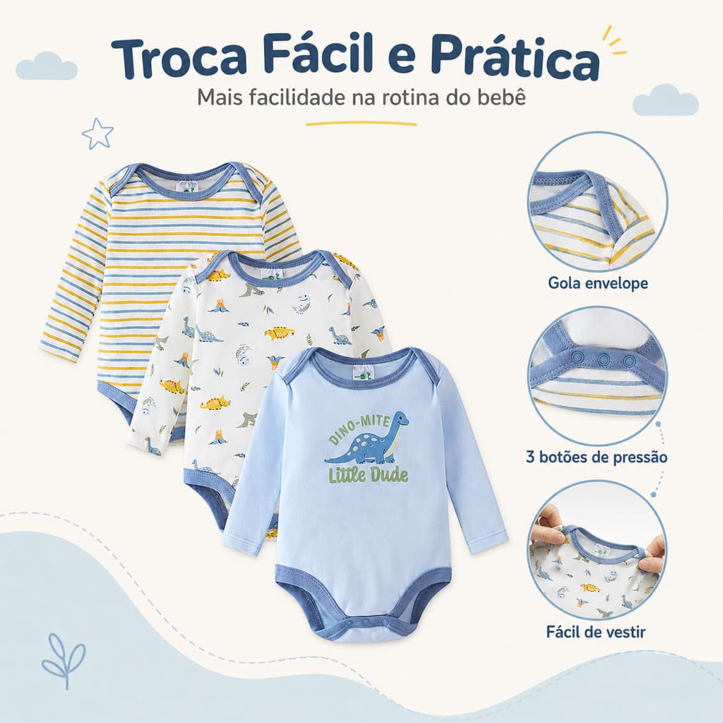 Kit 3 Bodies para Bebê Manga Longa 60% Algodão 40% Poliéster Roupa Infantil Enxoval Body Bebê P M G 0 a 9 Meses