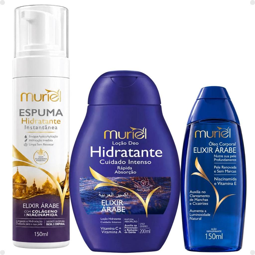 Kit Muriel Elixir Árabe:Espuma Hidratante 150ml, Óleo Corporal 150ml e Loção Deo Hidratante 200ml