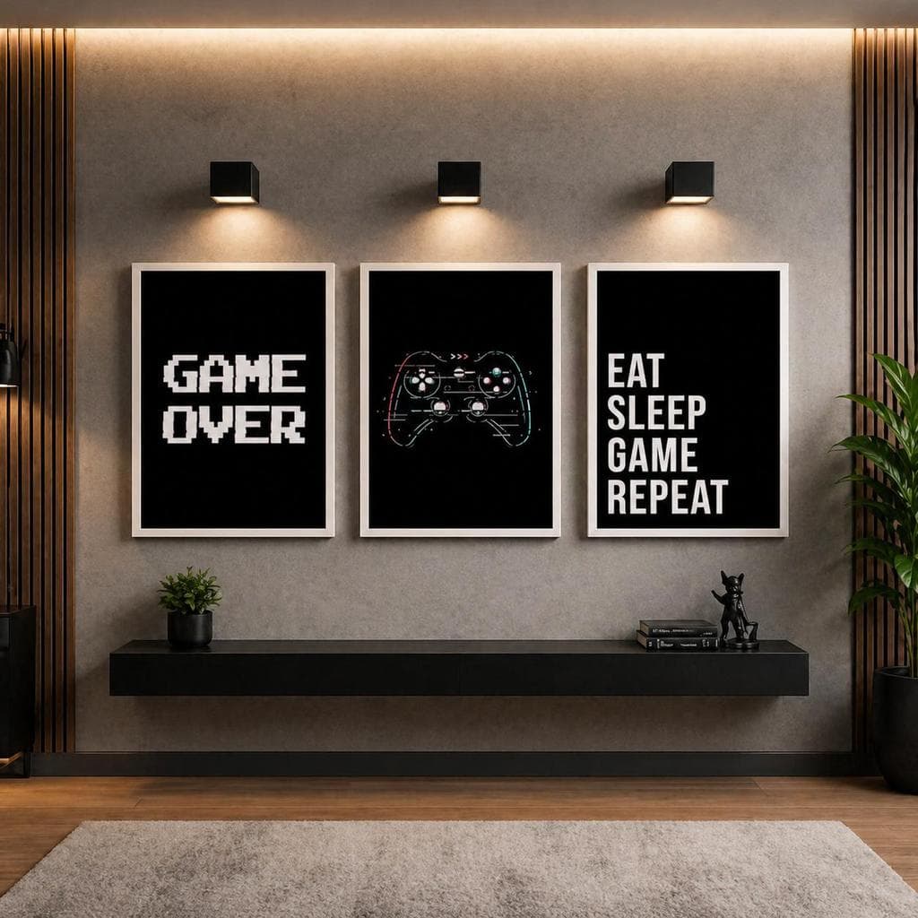 Kit 3 Quadros Decorativos Gamer Controle Videogame Game Over