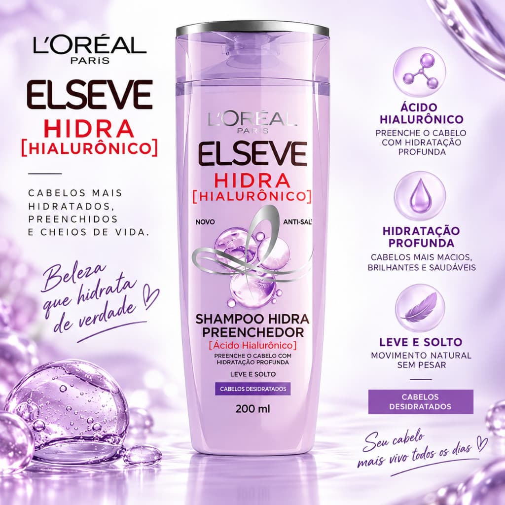 Shampoo Preenchedor Hidratante com Ácido Hialurônico Elseve L'Oréal Paris 200ml