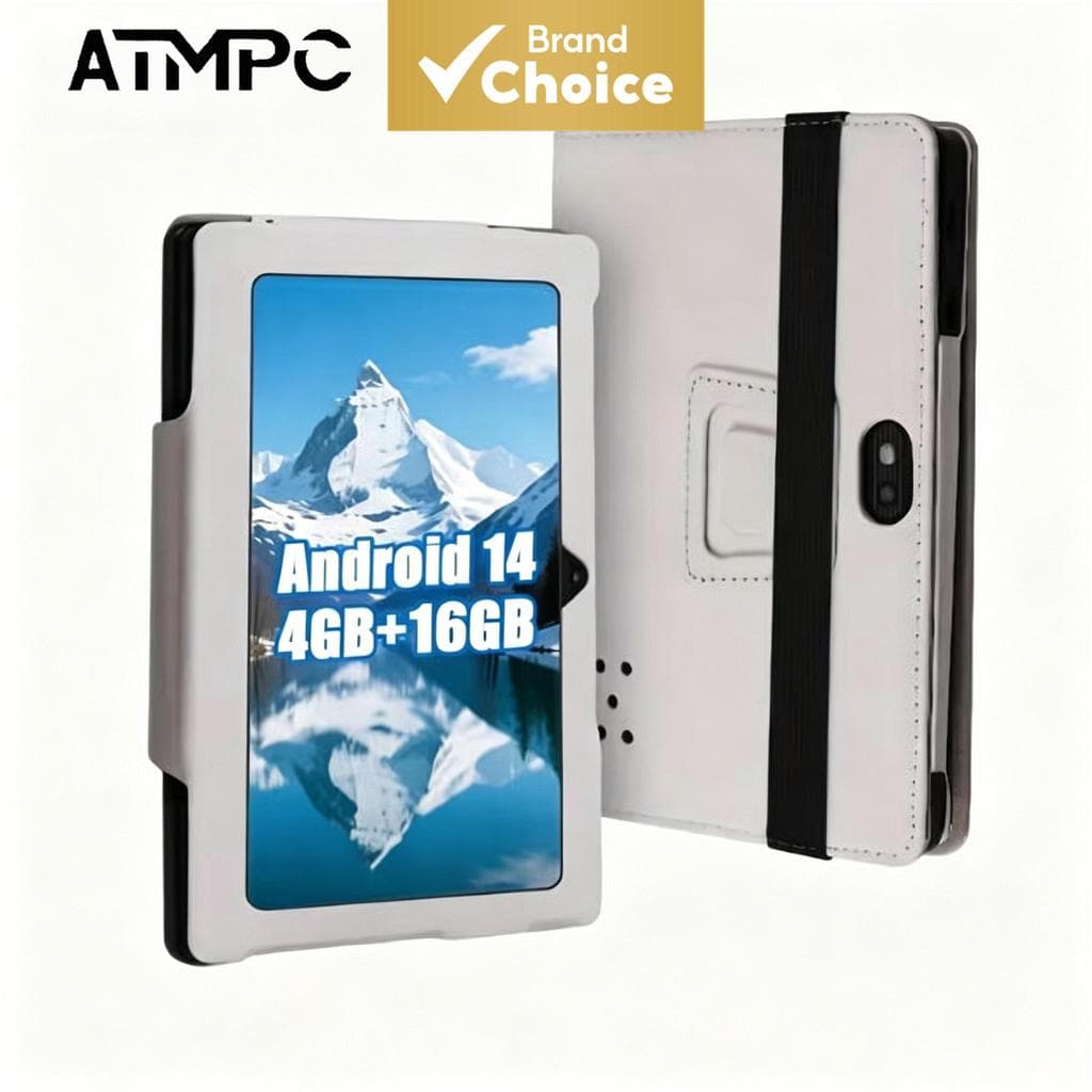 Tablet Android ATMPC de 7 polegadas, 14 GB de armazenamento, tela IPS HD 1024×600, câmeras frontais e traseiras, capa