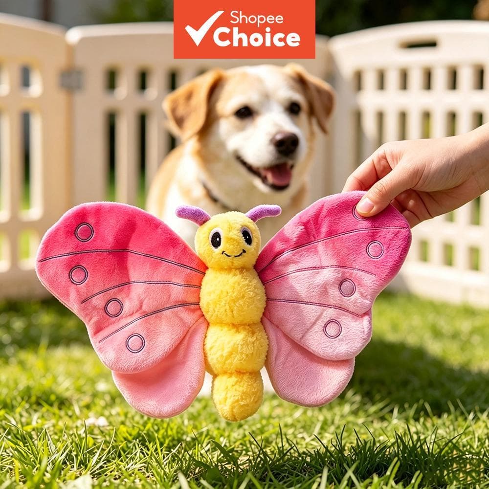 Brinquedo de Pelúcia de Cachorro com Apito de Borboleta Fofa, Brinquedo Macio e Recheado para Brincar Interativa de Cães